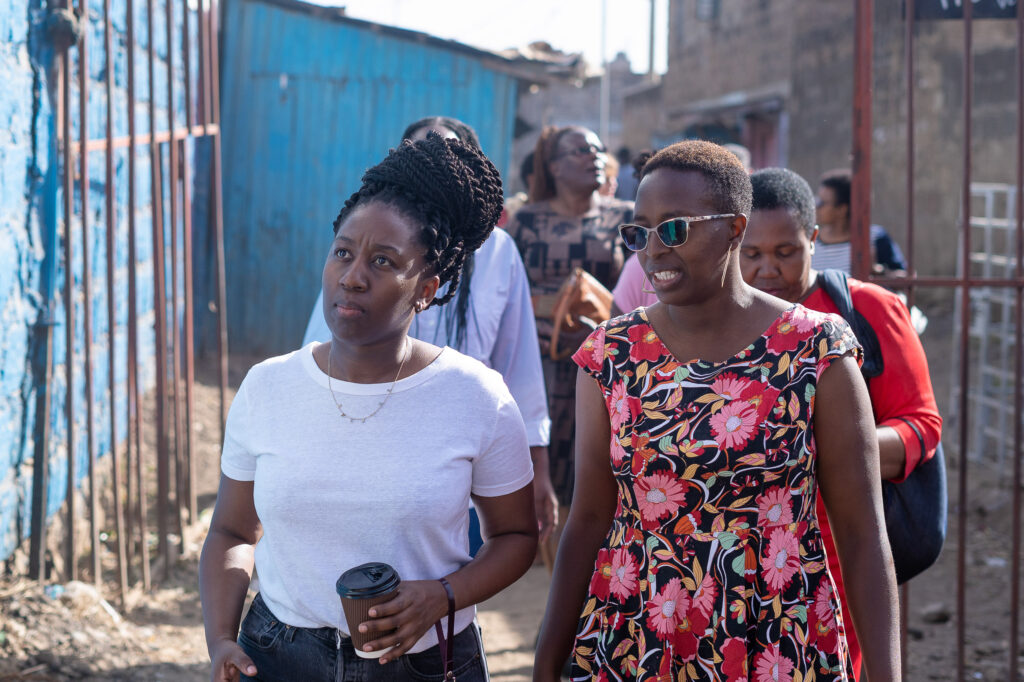 Visitors walking through a residential neighbourhood